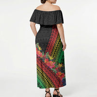 Retro Hawaiian Singer Off Shoulder Maxi Dress Polynesian Style Tropical Flowers