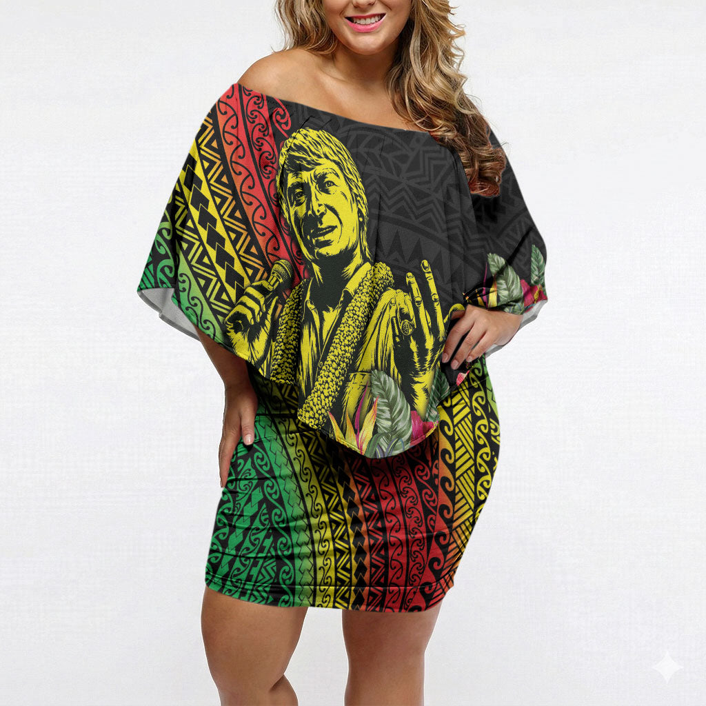 Retro Hawaiian Singer Off Shoulder Short Dress Polynesian Style Tropical Flowers