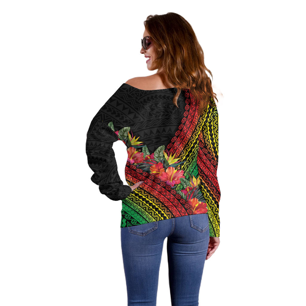 Retro Hawaiian Singer Off Shoulder Sweater Polynesian Style Tropical Flowers