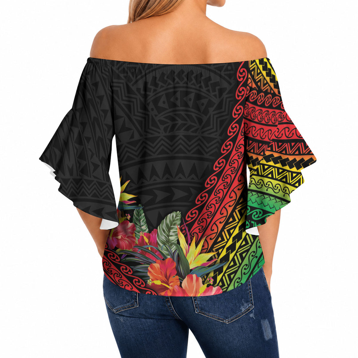 Retro Hawaiian Singer Off Shoulder Wrap Waist Top Polynesian Style Tropical Flowers