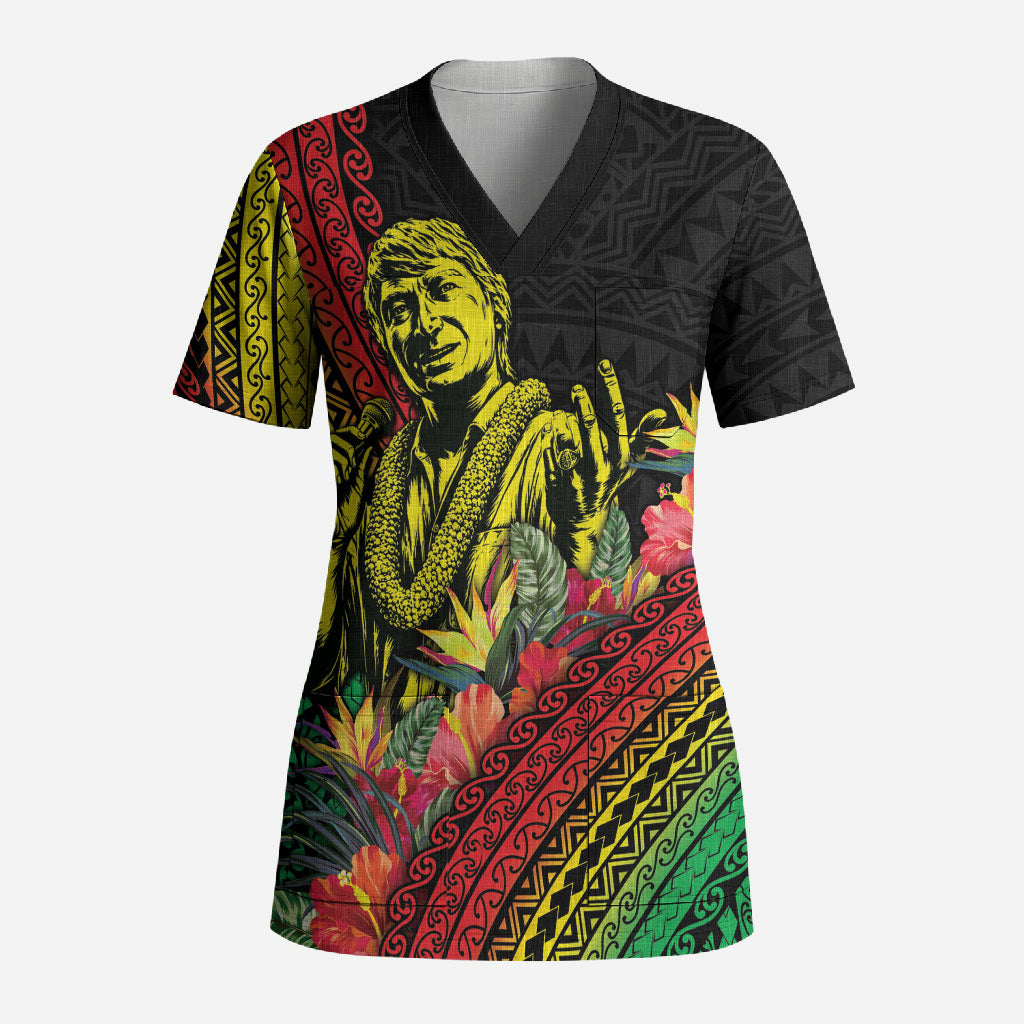 Retro Hawaiian Singer Scrub Top Polynesian Style Tropical Flowers
