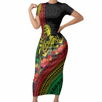Retro Hawaiian Singer Short Sleeve Bodycon Dress Polynesian Style Tropical Flowers