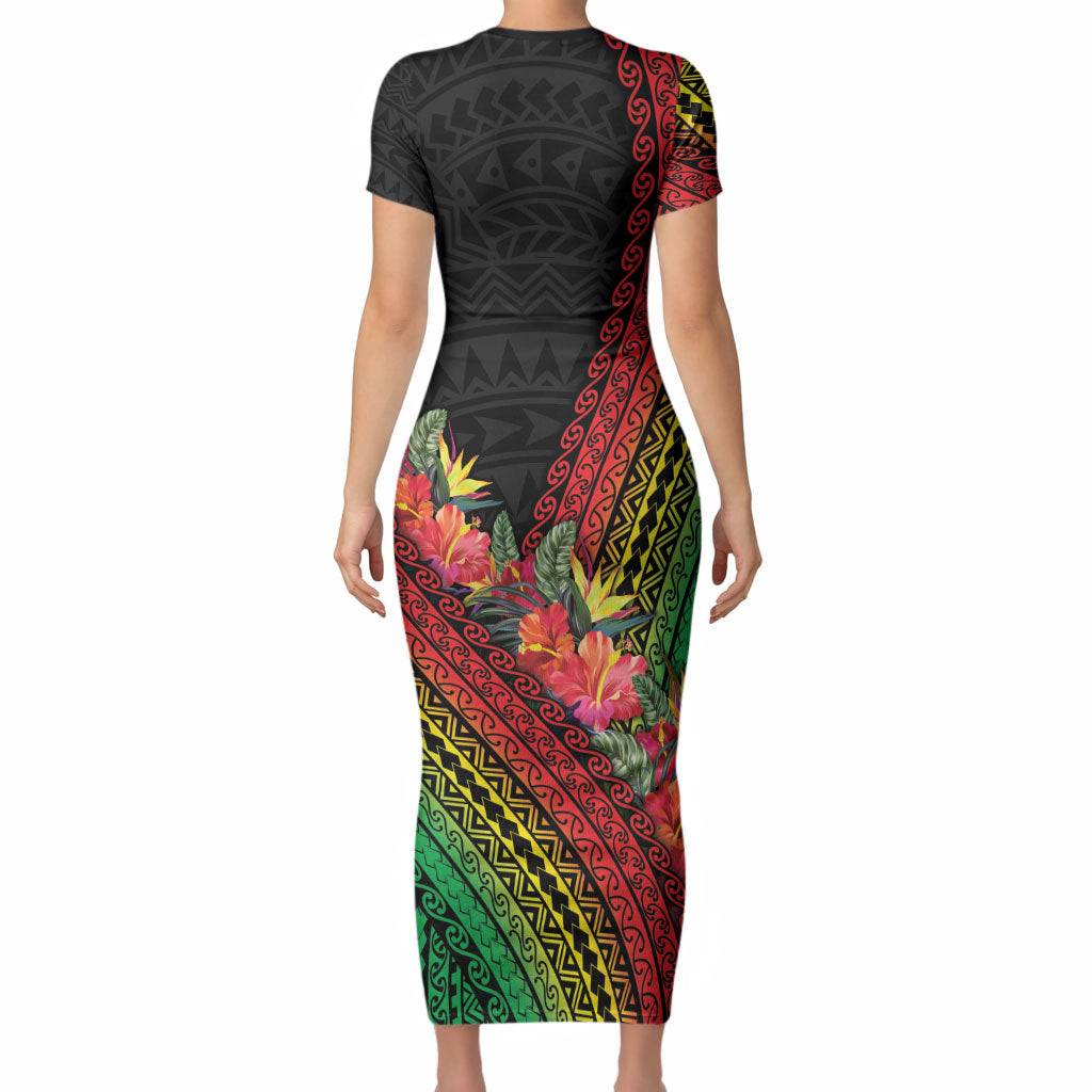 Retro Hawaiian Singer Short Sleeve Bodycon Dress Polynesian Style Tropical Flowers