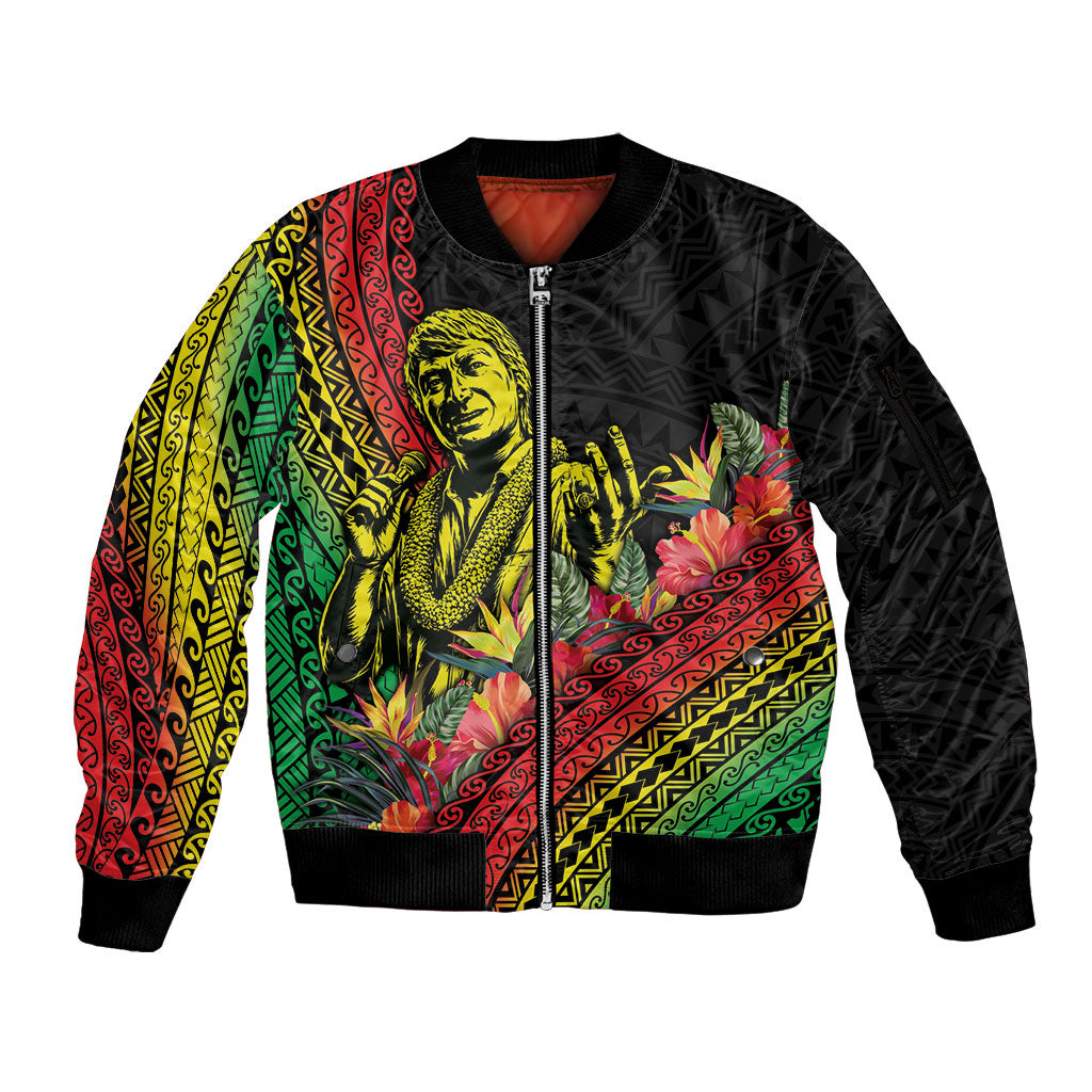 Retro Hawaiian Singer Sleeve Zip Bomber Jacket Polynesian Style Tropical Flowers