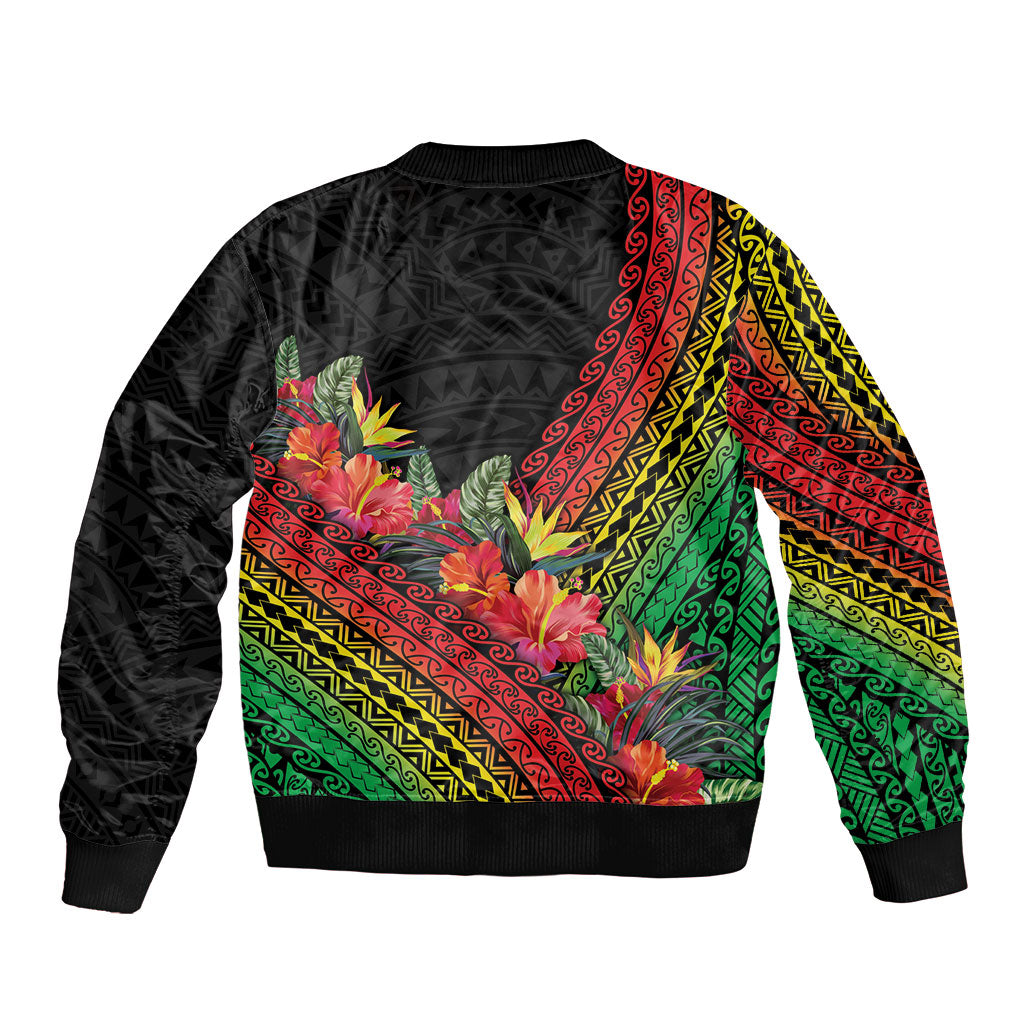 Retro Hawaiian Singer Sleeve Zip Bomber Jacket Polynesian Style Tropical Flowers