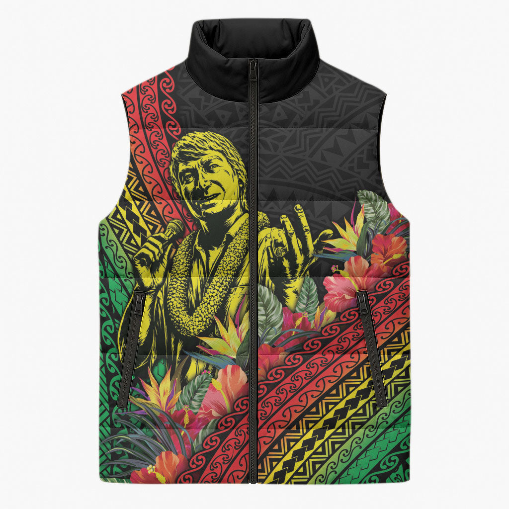 Retro Hawaiian Singer Sleeveless Puffer Jacket Polynesian Style Tropical Flowers