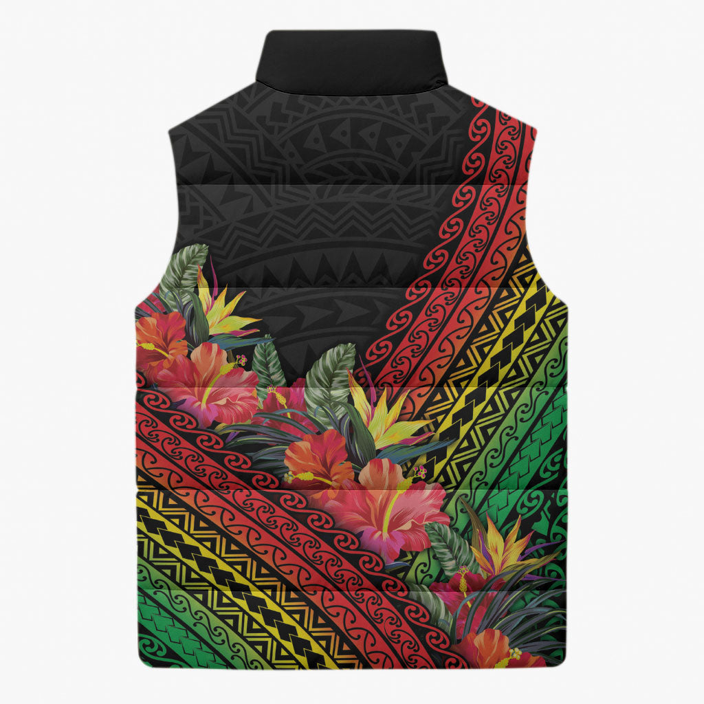 Retro Hawaiian Singer Sleeveless Puffer Jacket Polynesian Style Tropical Flowers