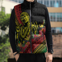 Retro Hawaiian Singer Sleeveless Puffer Jacket Polynesian Style Tropical Flowers