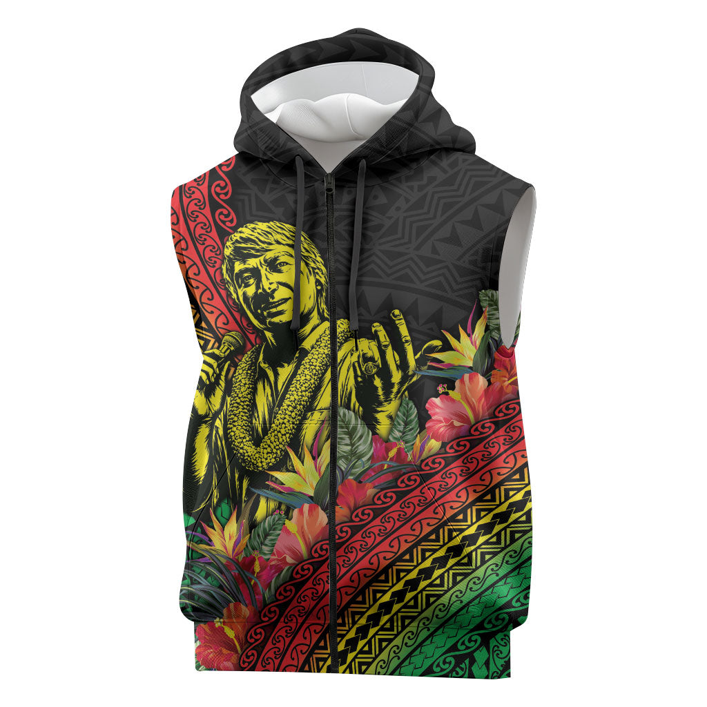 Retro Hawaiian Singer Sleeveless Zip Hoodie Polynesian Style Tropical Flowers