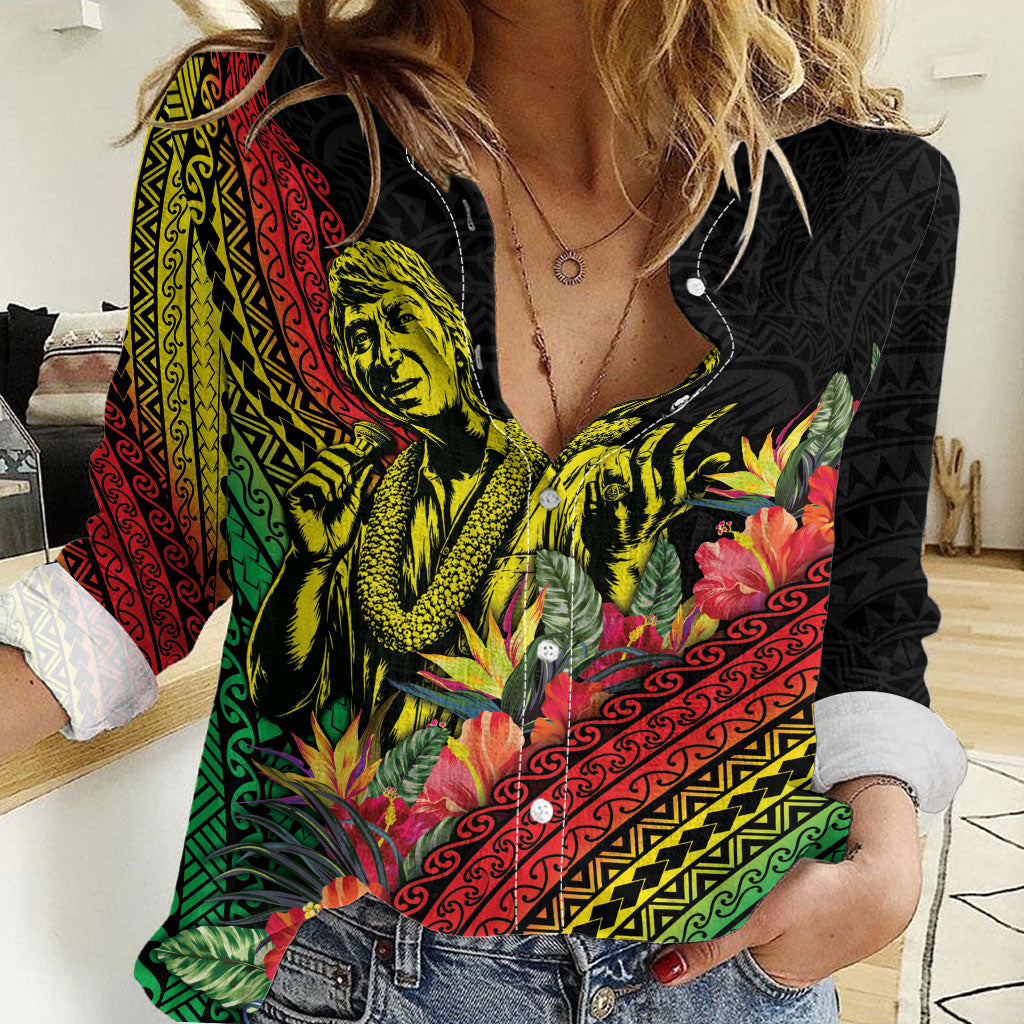 Retro Hawaiian Singer Women Casual Shirt Polynesian Style Tropical Flowers