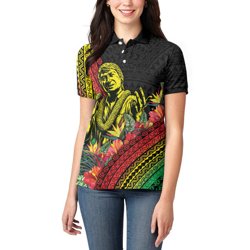 Retro Hawaiian Singer Women Polo Shirt Polynesian Style Tropical Flowers