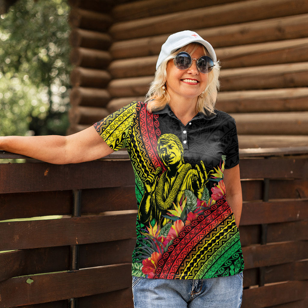 Retro Hawaiian Singer Women Polo Shirt Polynesian Style Tropical Flowers