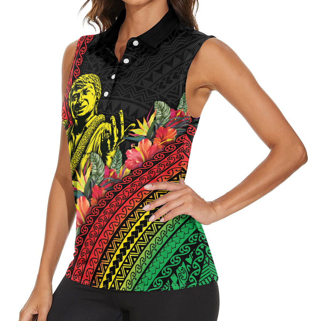 Retro Hawaiian Singer Women Sleeveless Polo Shirt Polynesian Style Tropical Flowers