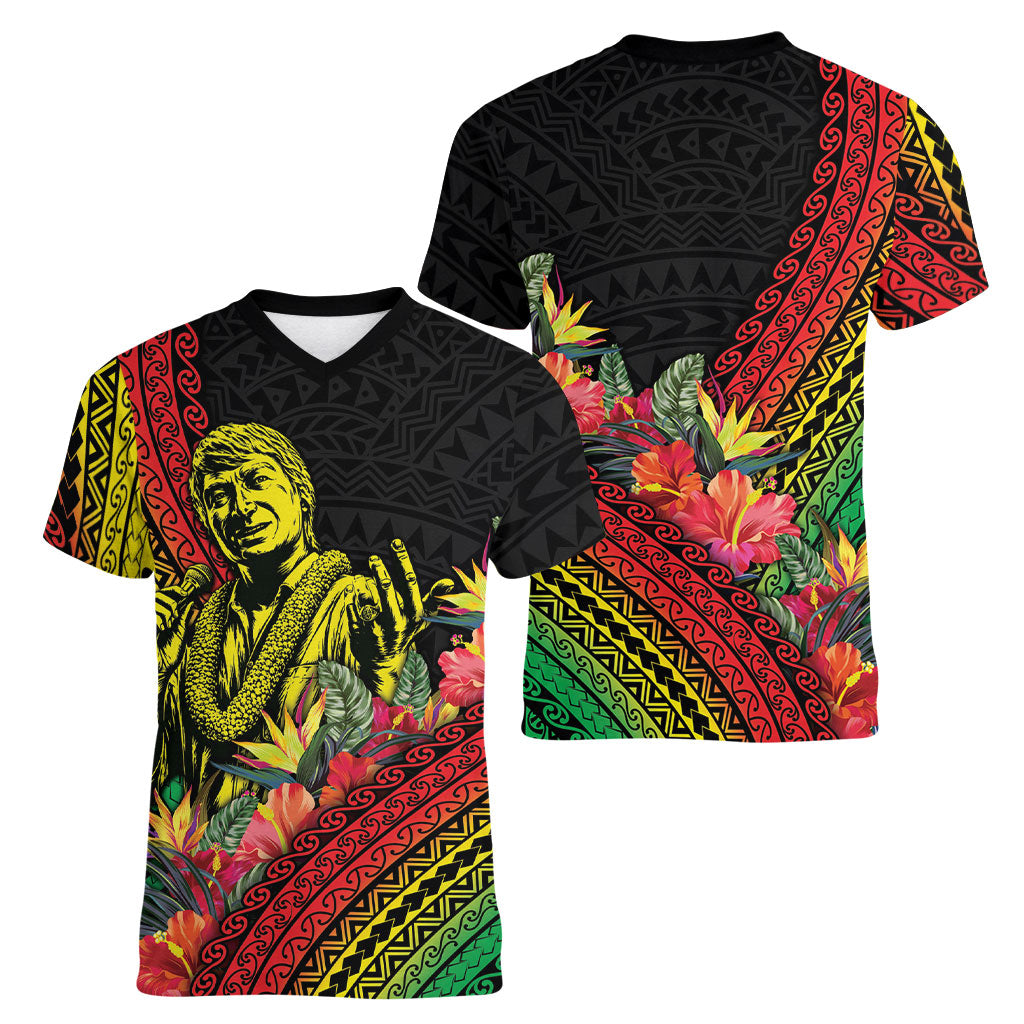 Retro Hawaiian Singer Women V-Neck T-Shirt Polynesian Style Tropical Flowers