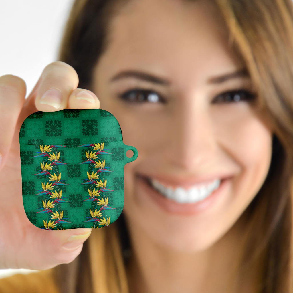 Hawaii Waikiki King AirPods Case Green Quilt With Pua Manu