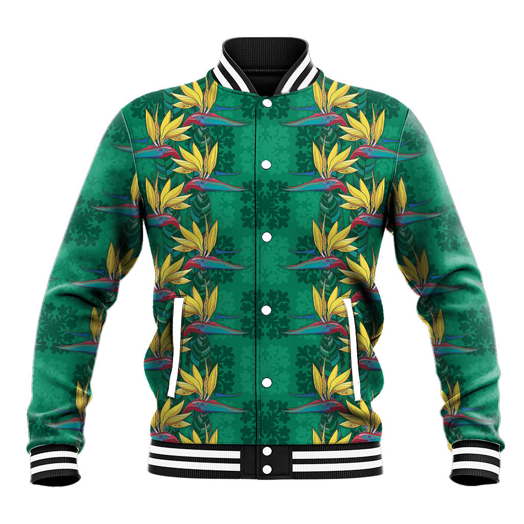 Hawaii Waikiki King Baseball Jacket Green Quilt With Pua Manu