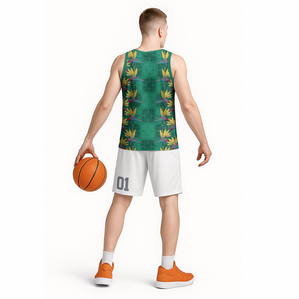 Hawaii Waikiki King Basketball Jersey Green Quilt With Pua Manu