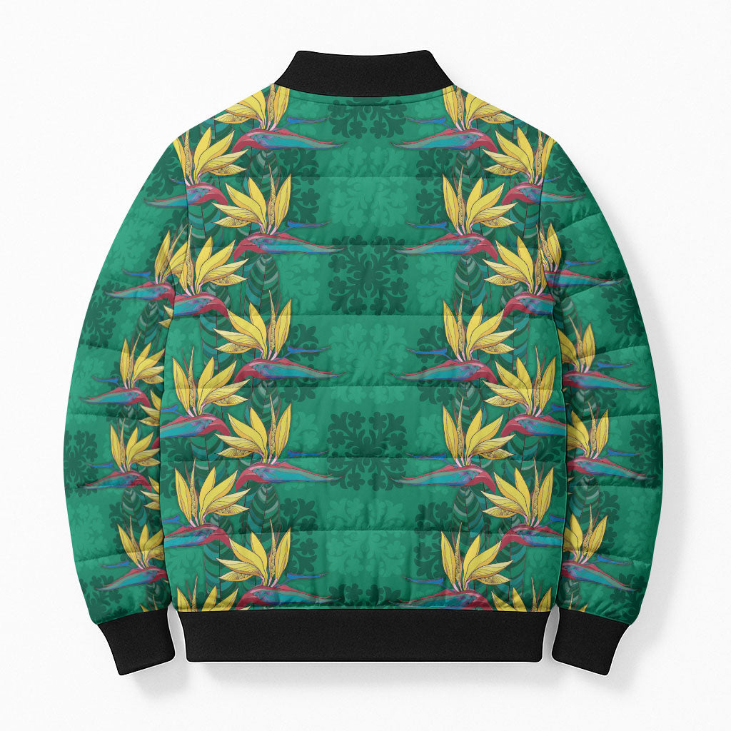 Hawaii Waikiki King Bomber Puffer Jacket Green Quilt With Pua Manu