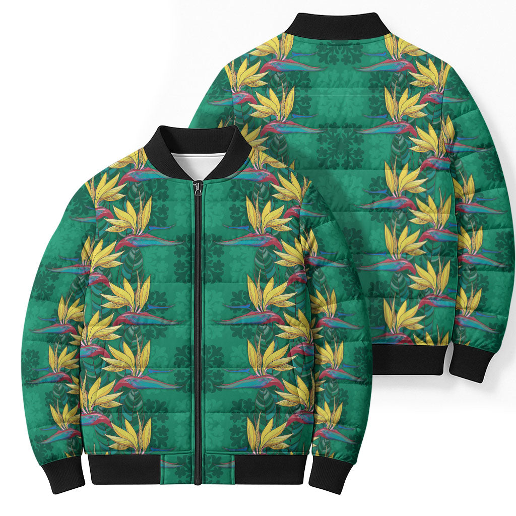 Hawaii Waikiki King Bomber Puffer Jacket Green Quilt With Pua Manu
