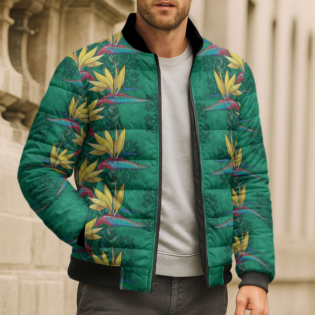 Hawaii Waikiki King Bomber Puffer Jacket Green Quilt With Pua Manu