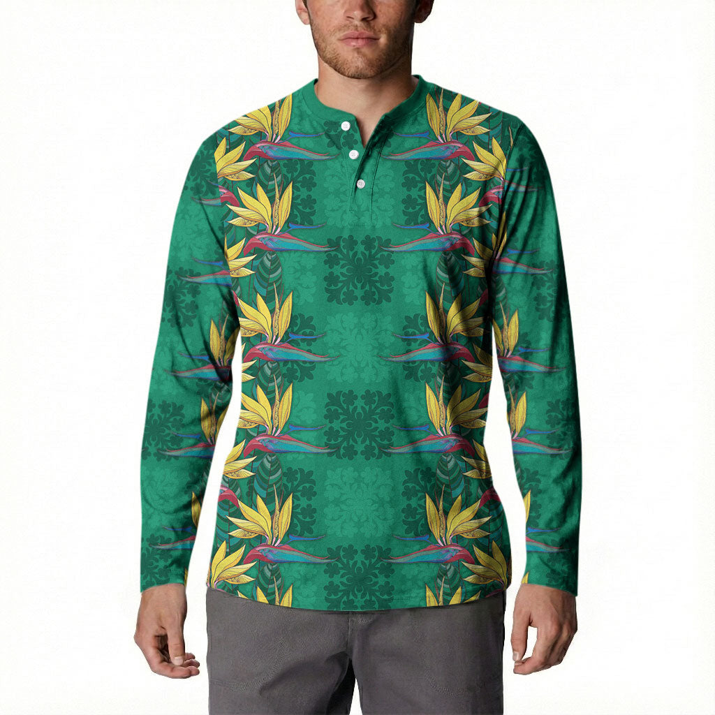 Hawaii Waikiki King Button Sweatshirt Green Quilt With Pua Manu