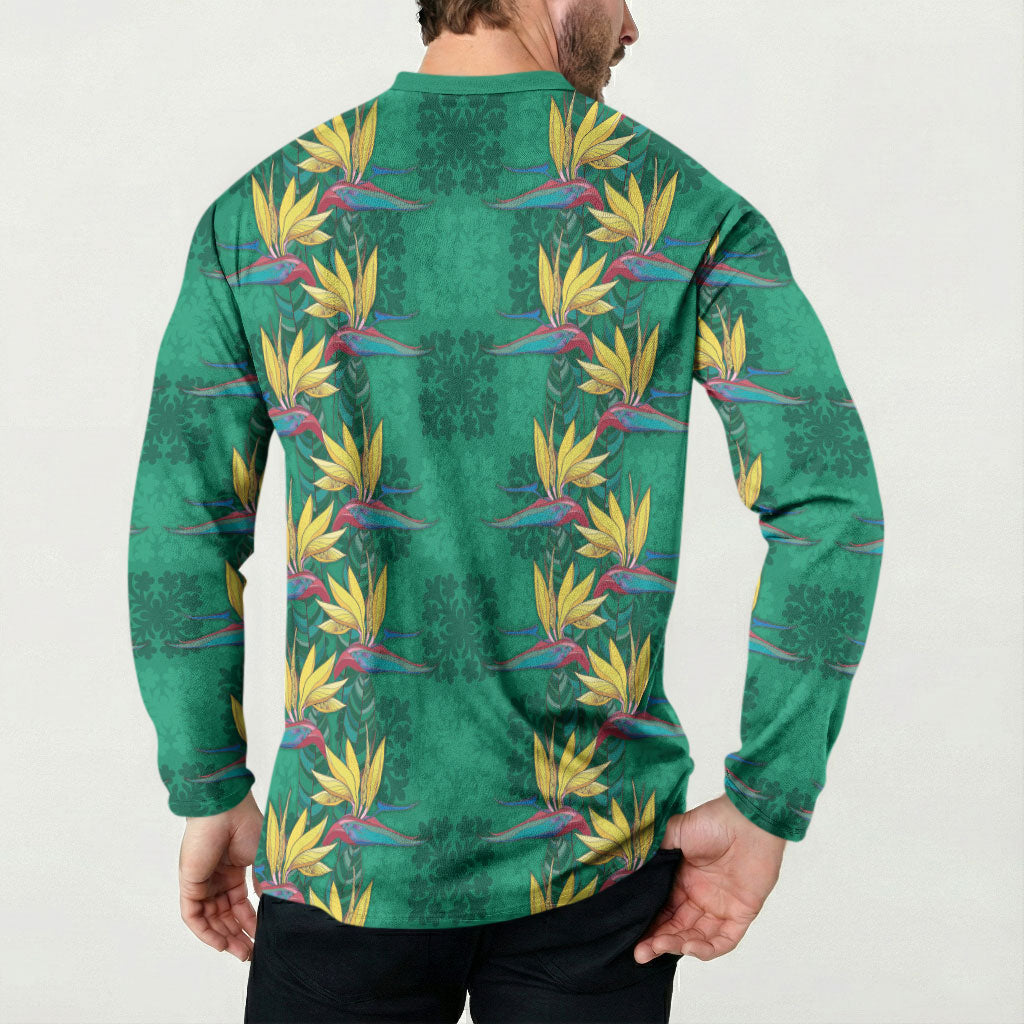 Hawaii Waikiki King Button Sweatshirt Green Quilt With Pua Manu