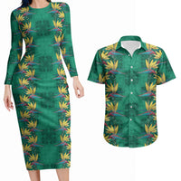 Hawaii Waikiki King Couples Matching Long Sleeve Bodycon Dress and Hawaiian Shirt Green Quilt With Pua Manu