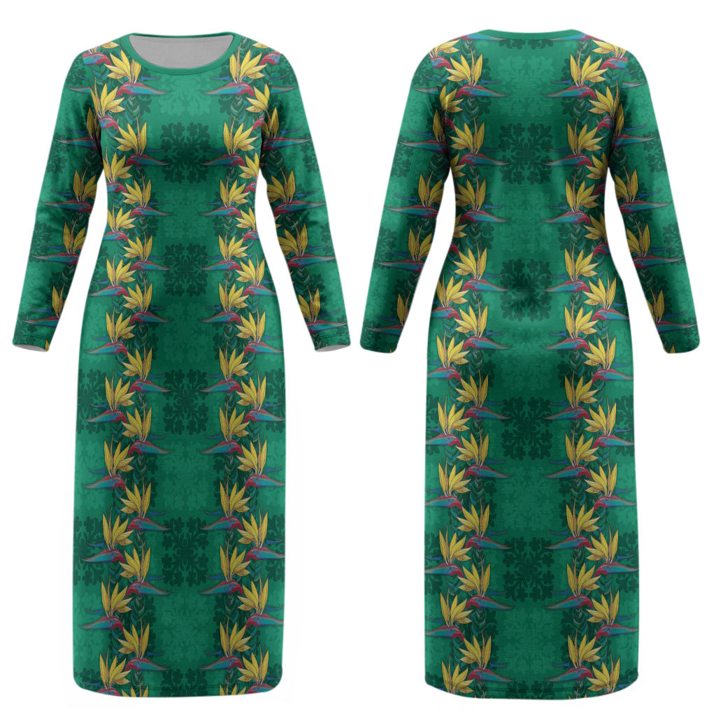 Hawaii Waikiki King Couples Matching Long Sleeve Bodycon Dress and Hawaiian Shirt Green Quilt With Pua Manu