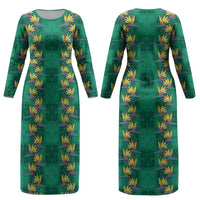 Hawaii Waikiki King Couples Matching Long Sleeve Bodycon Dress and Hawaiian Shirt Green Quilt With Pua Manu