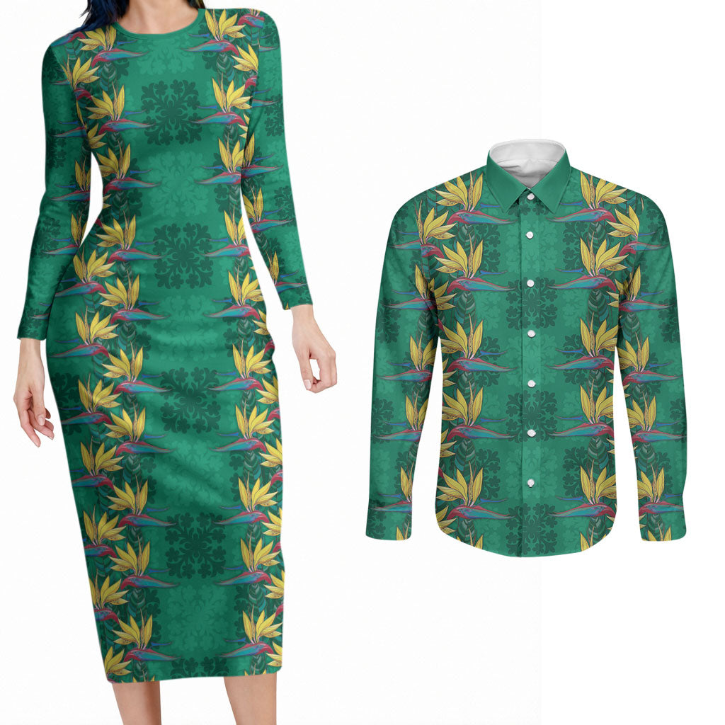 Hawaii Waikiki King Couples Matching Long Sleeve Bodycon Dress and Long Sleeve Button Shirt Green Quilt With Pua Manu