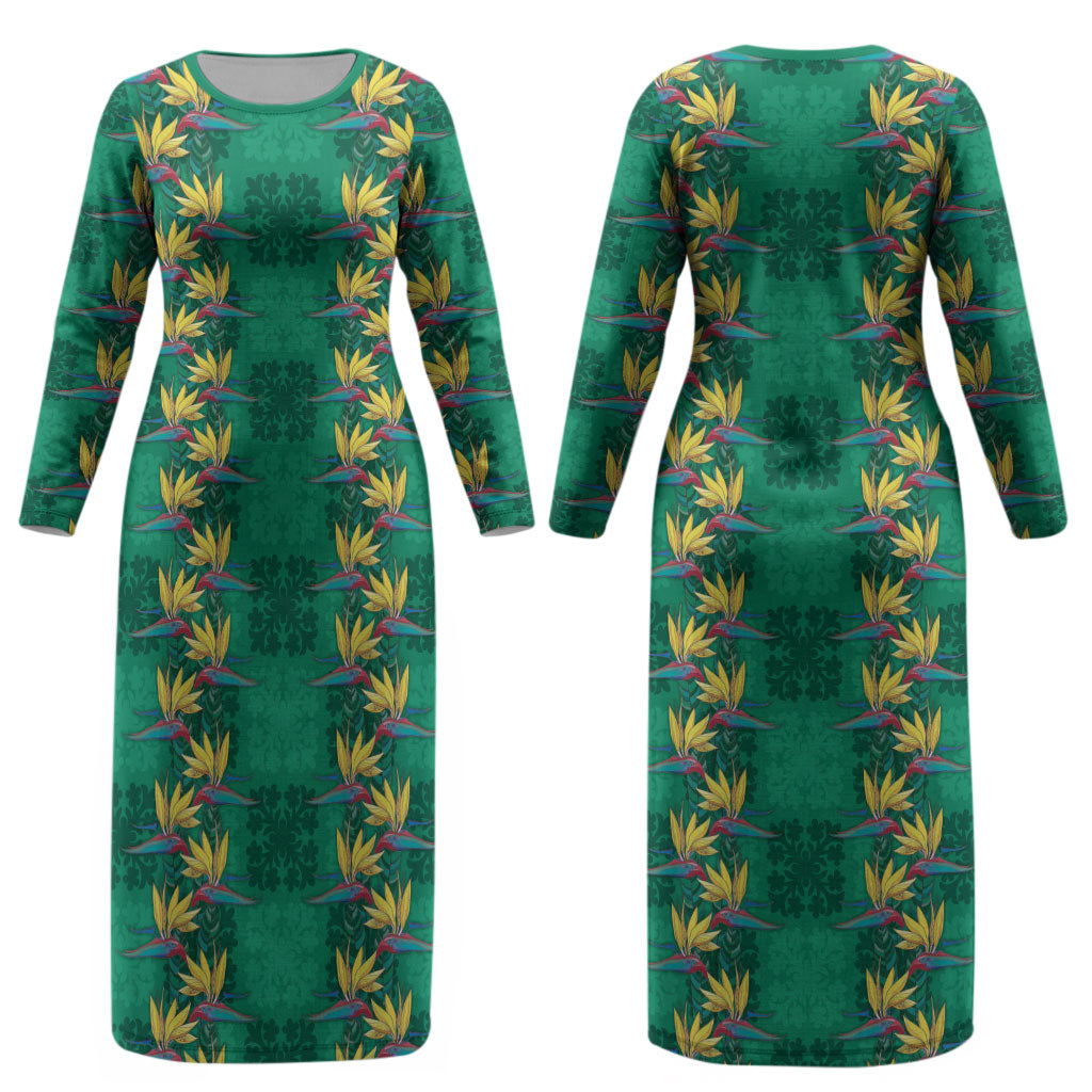Hawaii Waikiki King Couples Matching Long Sleeve Bodycon Dress and Long Sleeve Button Shirt Green Quilt With Pua Manu