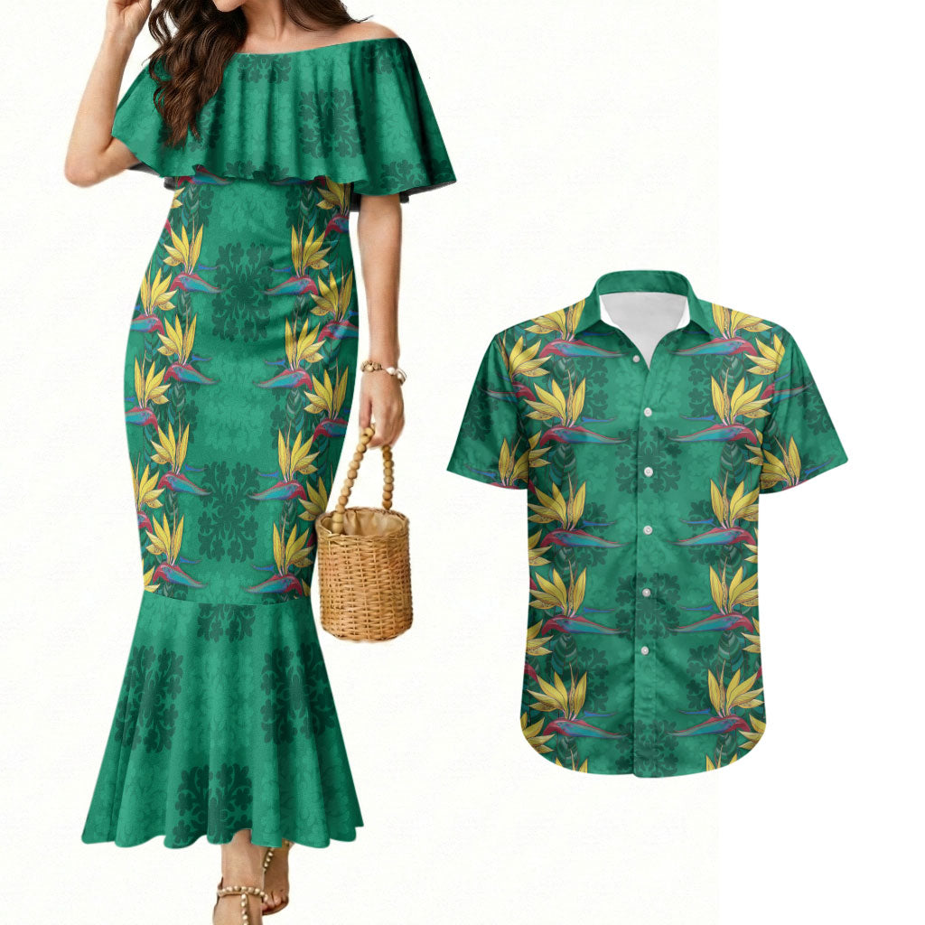 Hawaii Waikiki King Couples Matching Mermaid Dress and Hawaiian Shirt Green Quilt With Pua Manu
