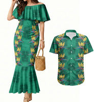 Hawaii Waikiki King Couples Matching Mermaid Dress and Hawaiian Shirt Green Quilt With Pua Manu