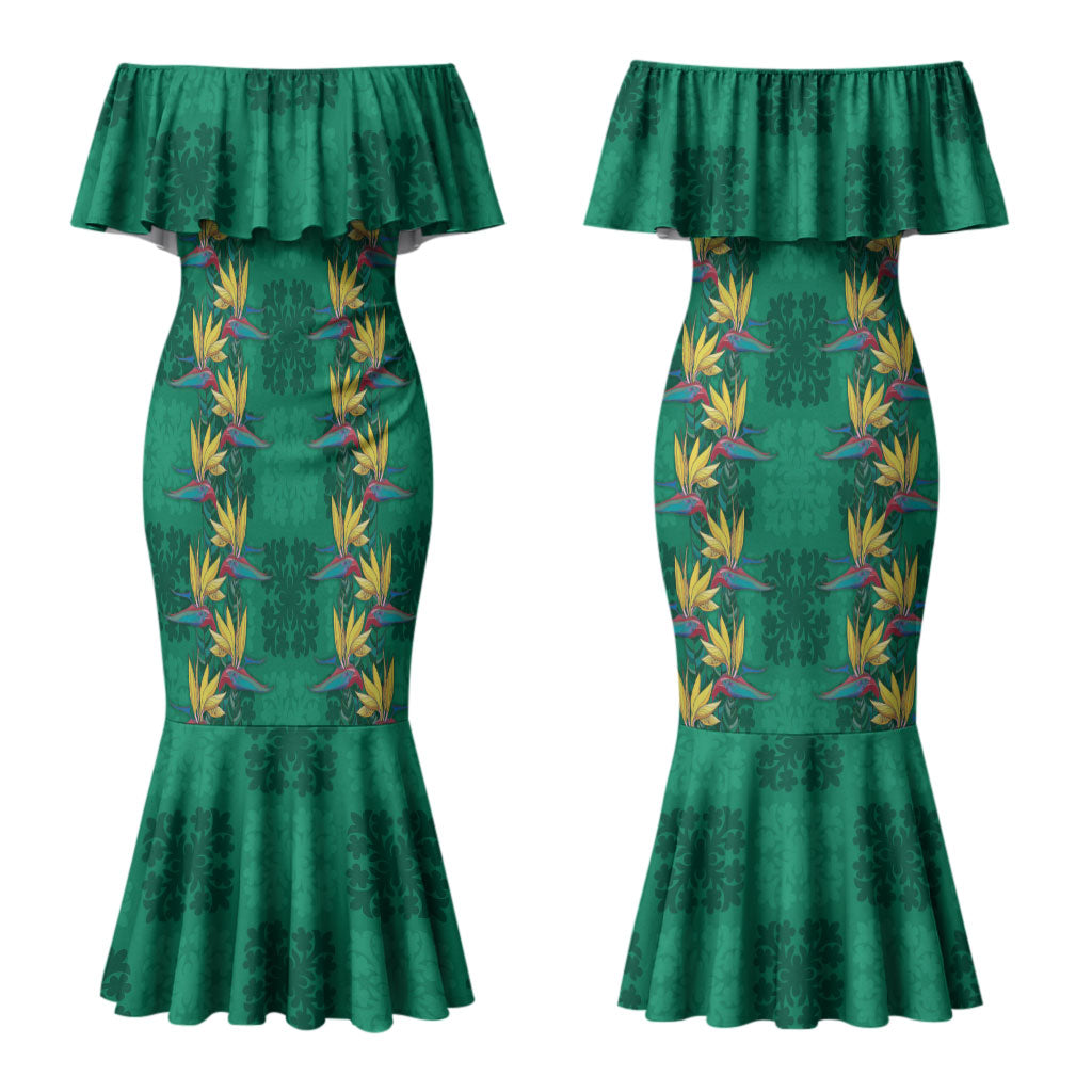 Hawaii Waikiki King Couples Matching Mermaid Dress and Hawaiian Shirt Green Quilt With Pua Manu