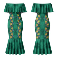 Hawaii Waikiki King Couples Matching Mermaid Dress and Long Sleeve Button Shirt Green Quilt With Pua Manu