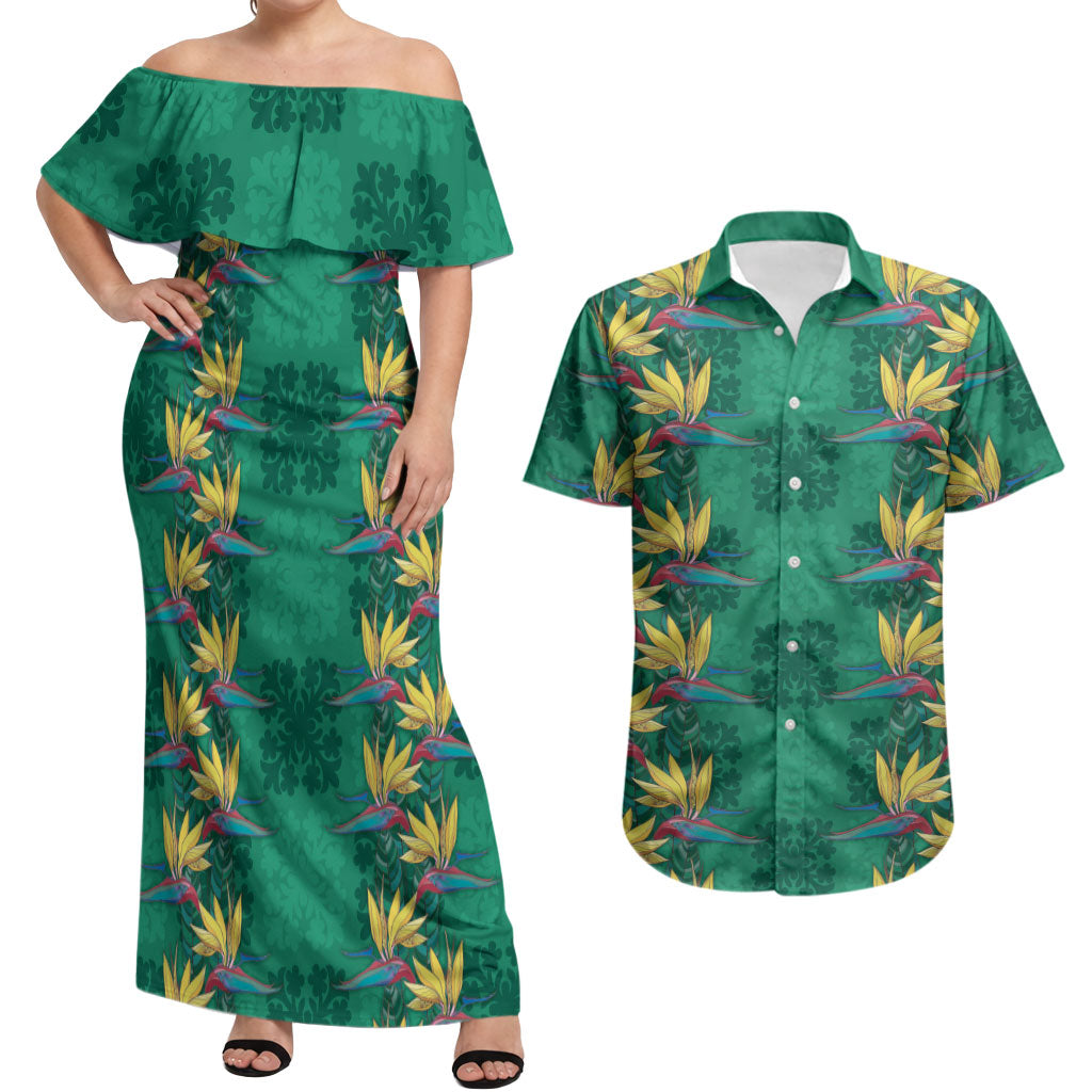 Hawaii Waikiki King Couples Matching Off Shoulder Maxi Dress and Hawaiian Shirt Green Quilt With Pua Manu