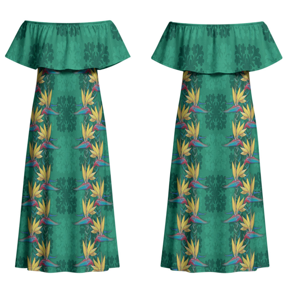 Hawaii Waikiki King Couples Matching Off Shoulder Maxi Dress and Hawaiian Shirt Green Quilt With Pua Manu