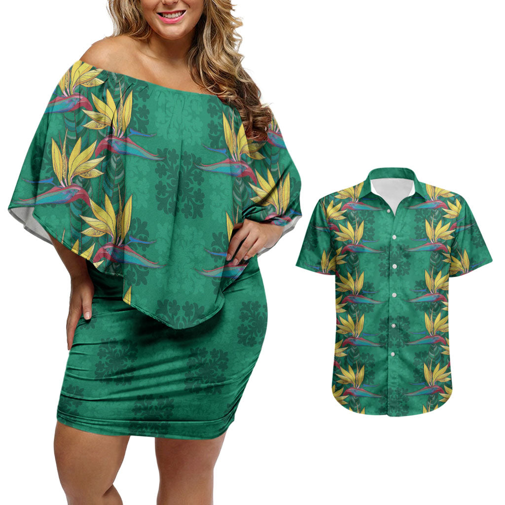 Hawaii Waikiki King Couples Matching Off Shoulder Short Dress and Hawaiian Shirt Green Quilt With Pua Manu