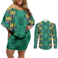 Hawaii Waikiki King Couples Matching Off Shoulder Short Dress and Long Sleeve Button Shirt Green Quilt With Pua Manu