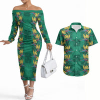 Hawaii Waikiki King Couples Matching Off The Shoulder Long Sleeve Dress and Hawaiian Shirt Green Quilt With Pua Manu