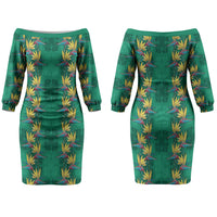 Hawaii Waikiki King Couples Matching Off The Shoulder Long Sleeve Dress and Hawaiian Shirt Green Quilt With Pua Manu