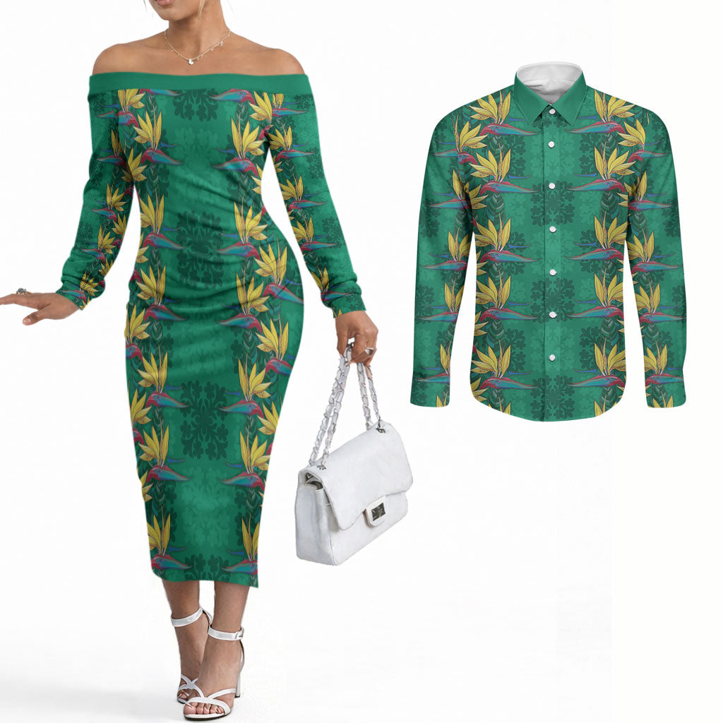 Hawaii Waikiki King Couples Matching Off The Shoulder Long Sleeve Dress and Long Sleeve Button Shirt Green Quilt With Pua Manu