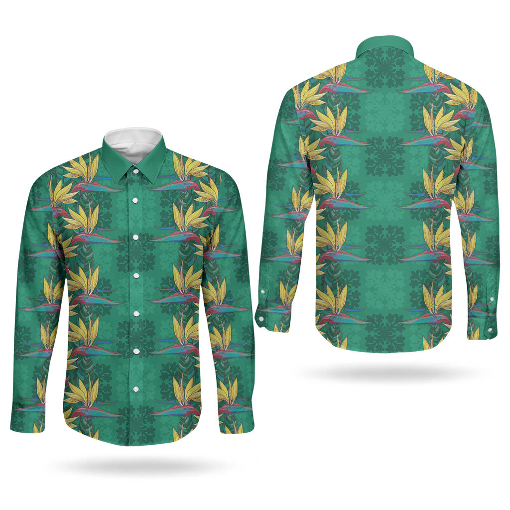 Hawaii Waikiki King Couples Matching Off The Shoulder Long Sleeve Dress and Long Sleeve Button Shirt Green Quilt With Pua Manu