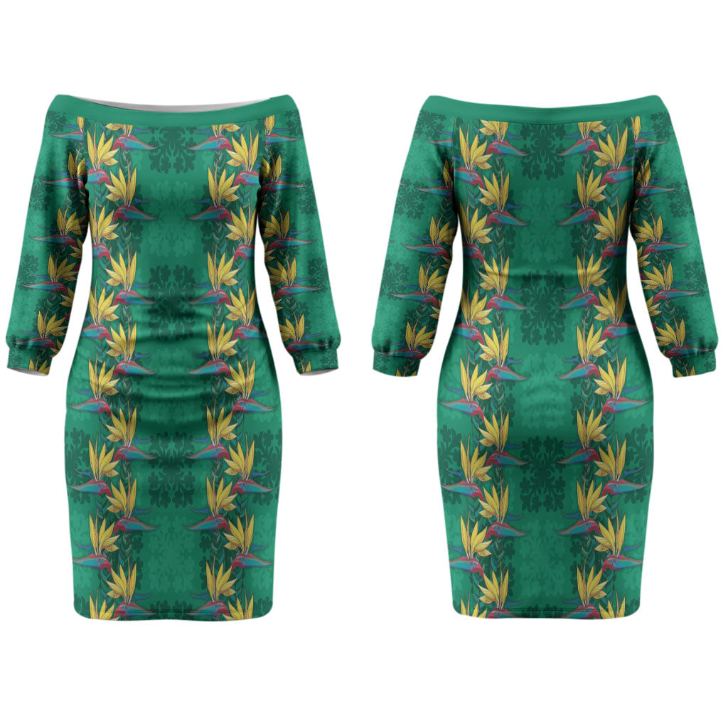 Hawaii Waikiki King Couples Matching Off The Shoulder Long Sleeve Dress and Long Sleeve Button Shirt Green Quilt With Pua Manu