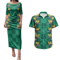 Hawaii Waikiki King Couples Matching Puletasi and Hawaiian Shirt Green Quilt With Pua Manu