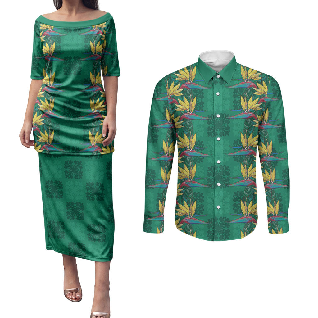 Hawaii Waikiki King Couples Matching Puletasi and Long Sleeve Button Shirt Green Quilt With Pua Manu