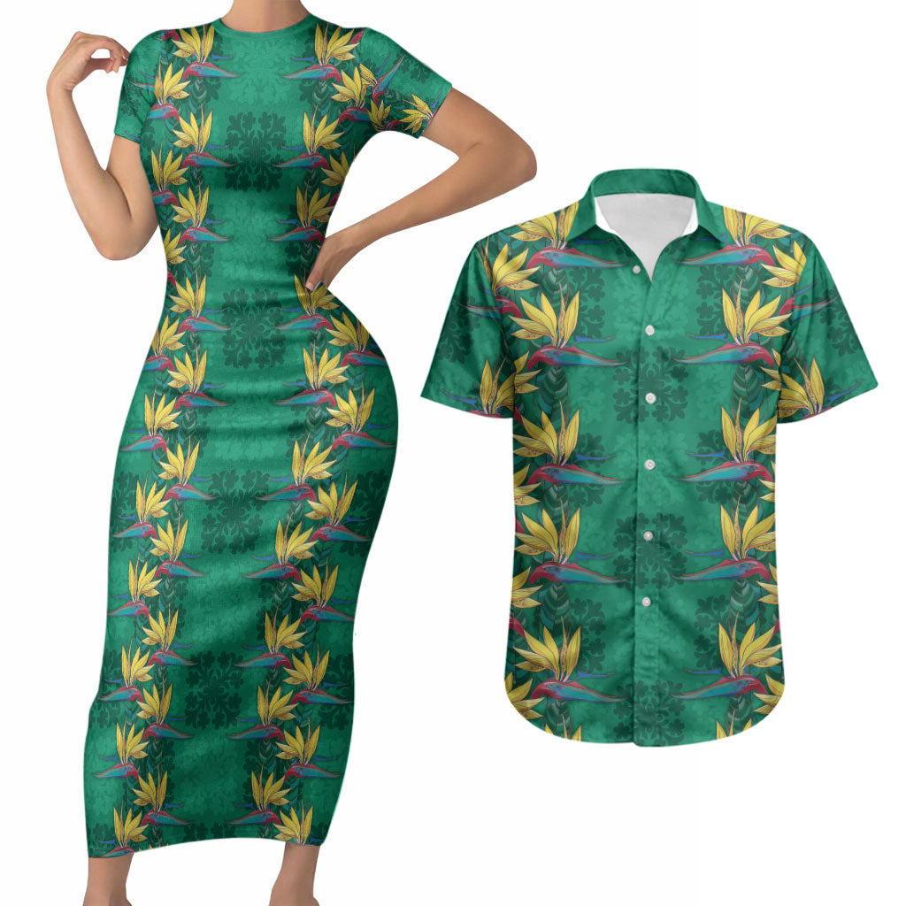 Hawaii Waikiki King Couples Matching Short Sleeve Bodycon Dress and Hawaiian Shirt Green Quilt With Pua Manu