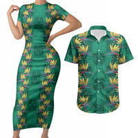 Hawaii Waikiki King Couples Matching Short Sleeve Bodycon Dress and Hawaiian Shirt Green Quilt With Pua Manu