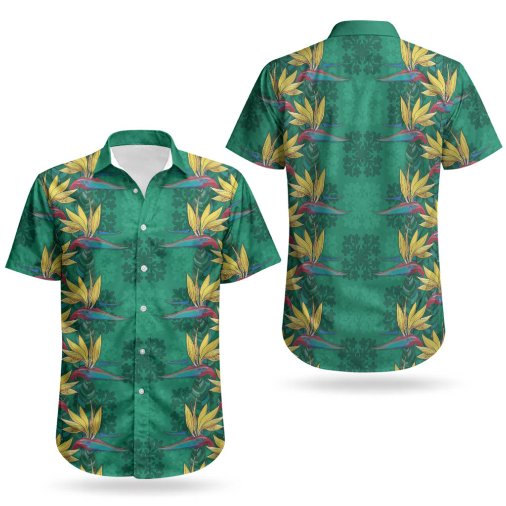 Hawaii Waikiki King Couples Matching Short Sleeve Bodycon Dress and Hawaiian Shirt Green Quilt With Pua Manu