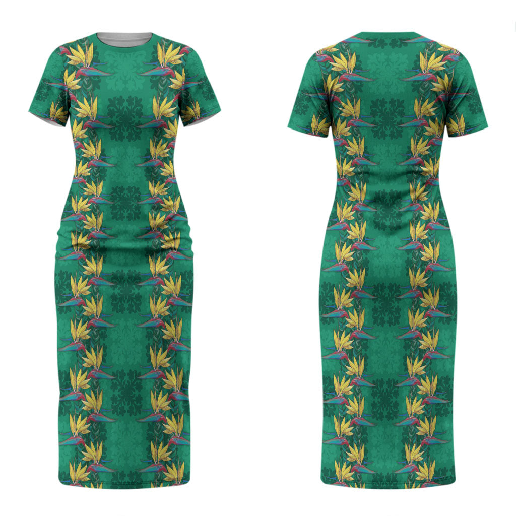 Hawaii Waikiki King Couples Matching Short Sleeve Bodycon Dress and Hawaiian Shirt Green Quilt With Pua Manu